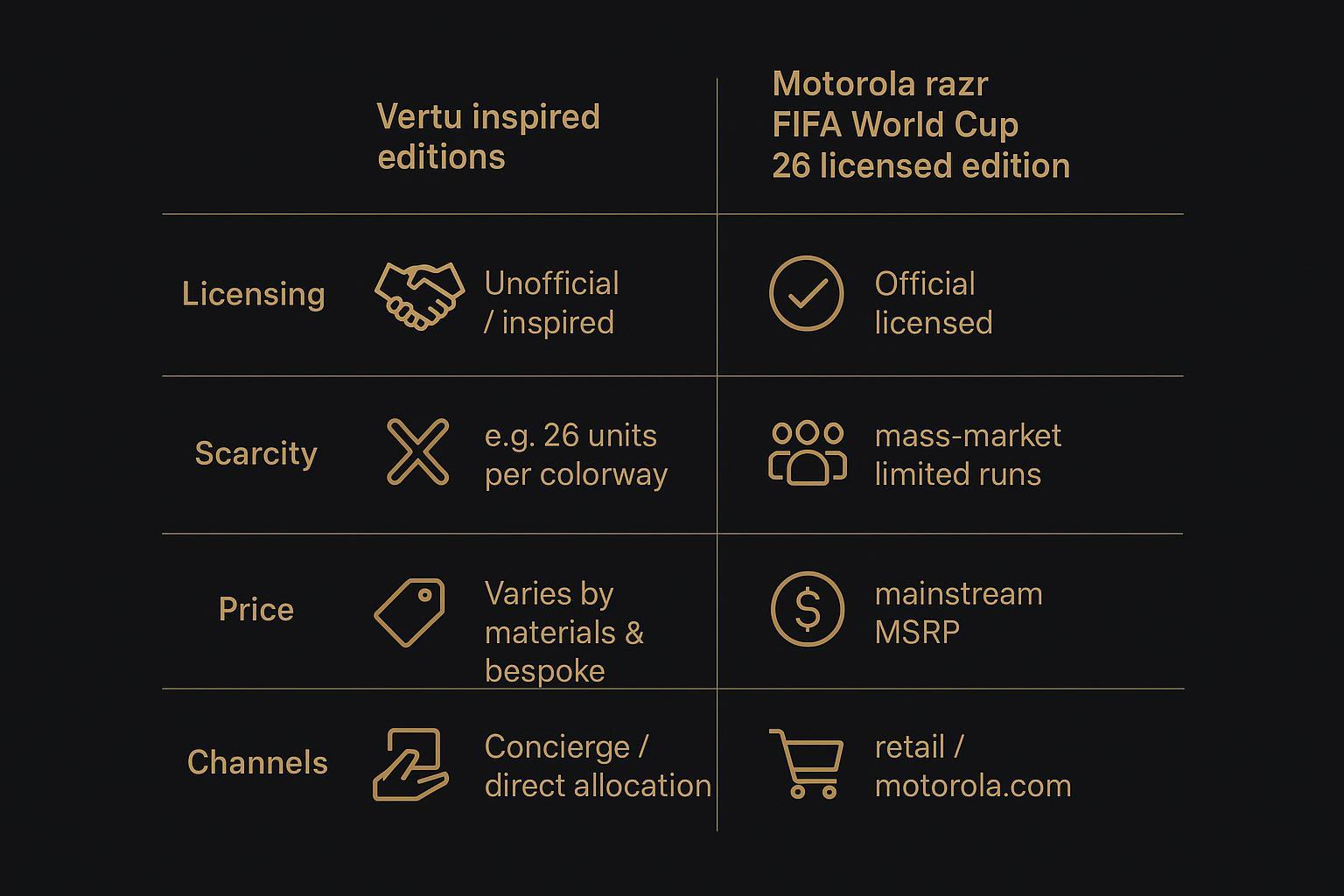 Infographic comparing Vertu inspired editions vs Motorola razr FIFA World Cup 26 licensed edition across license, scarcity, price, and channels