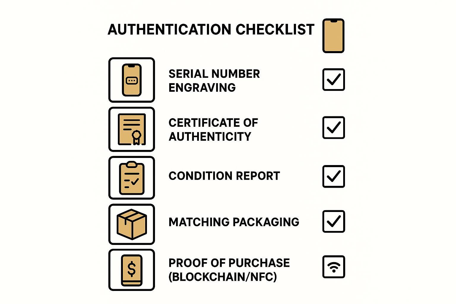 Illustrative diagram of a collectible phone authentication checklist including serials, certificates, condition, and digital certificates