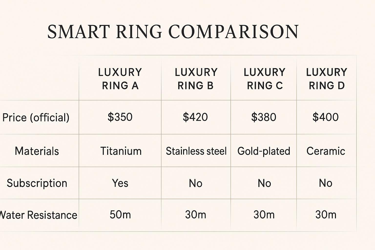 A refined flat-lay of gold, platinum, and titanium smart rings beside a concierge card