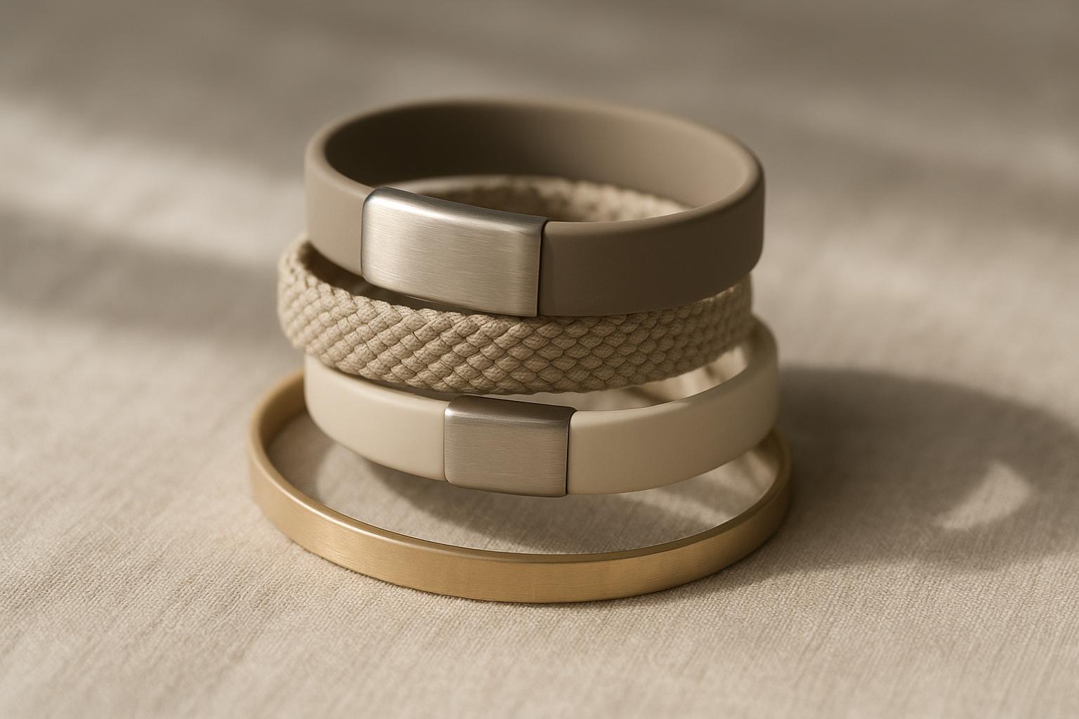 A stack of premium performance bands and jewelry-forward bracelets in neutral tones