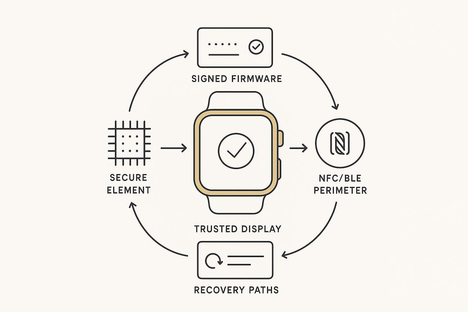 Annotated security diagram showing secure element, trusted display, signed firmware, NFC/BLE perimeter, and recovery paths