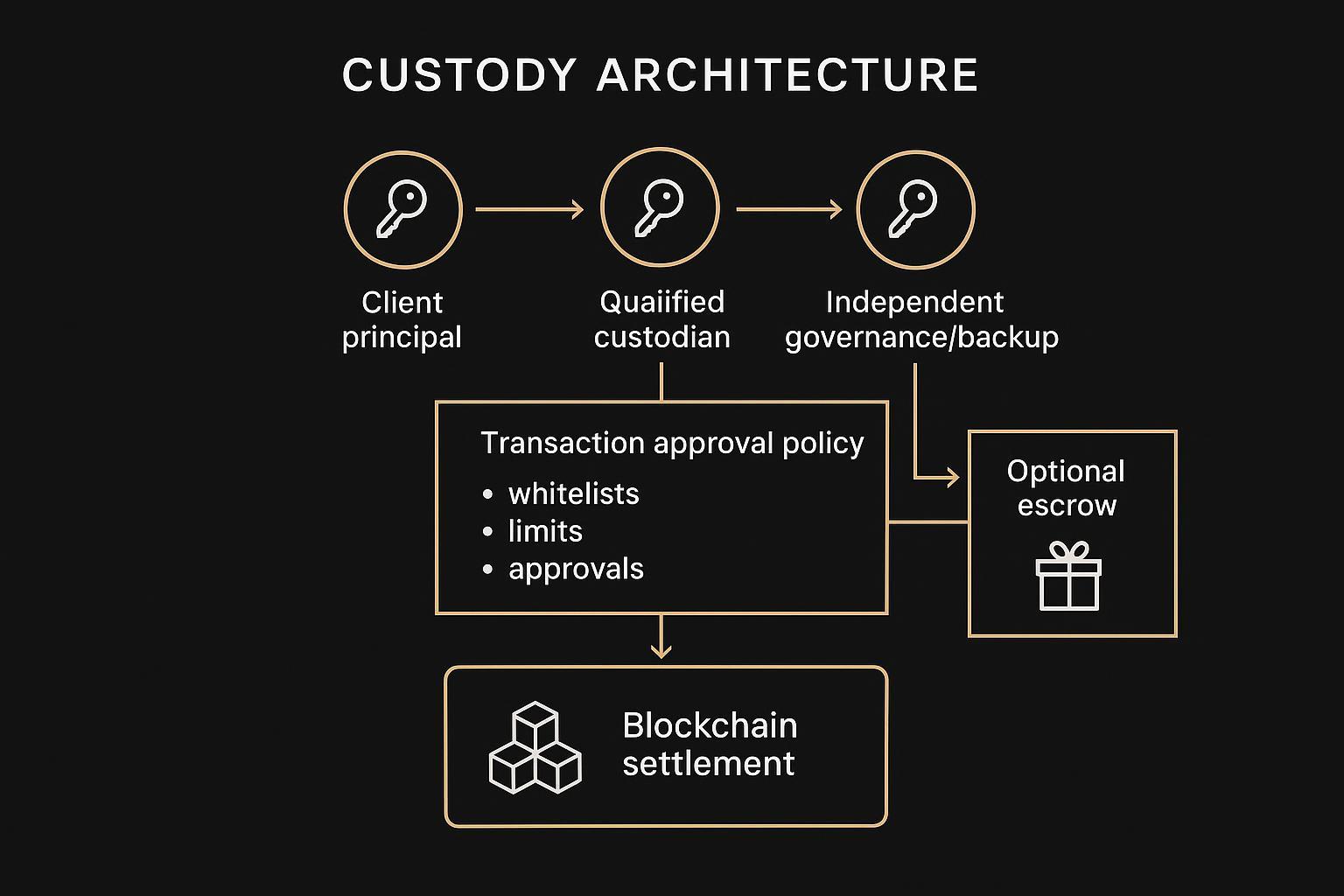 2-of-3 MPC custody architecture with qualified custodian, trust wrapper, and escrow option.