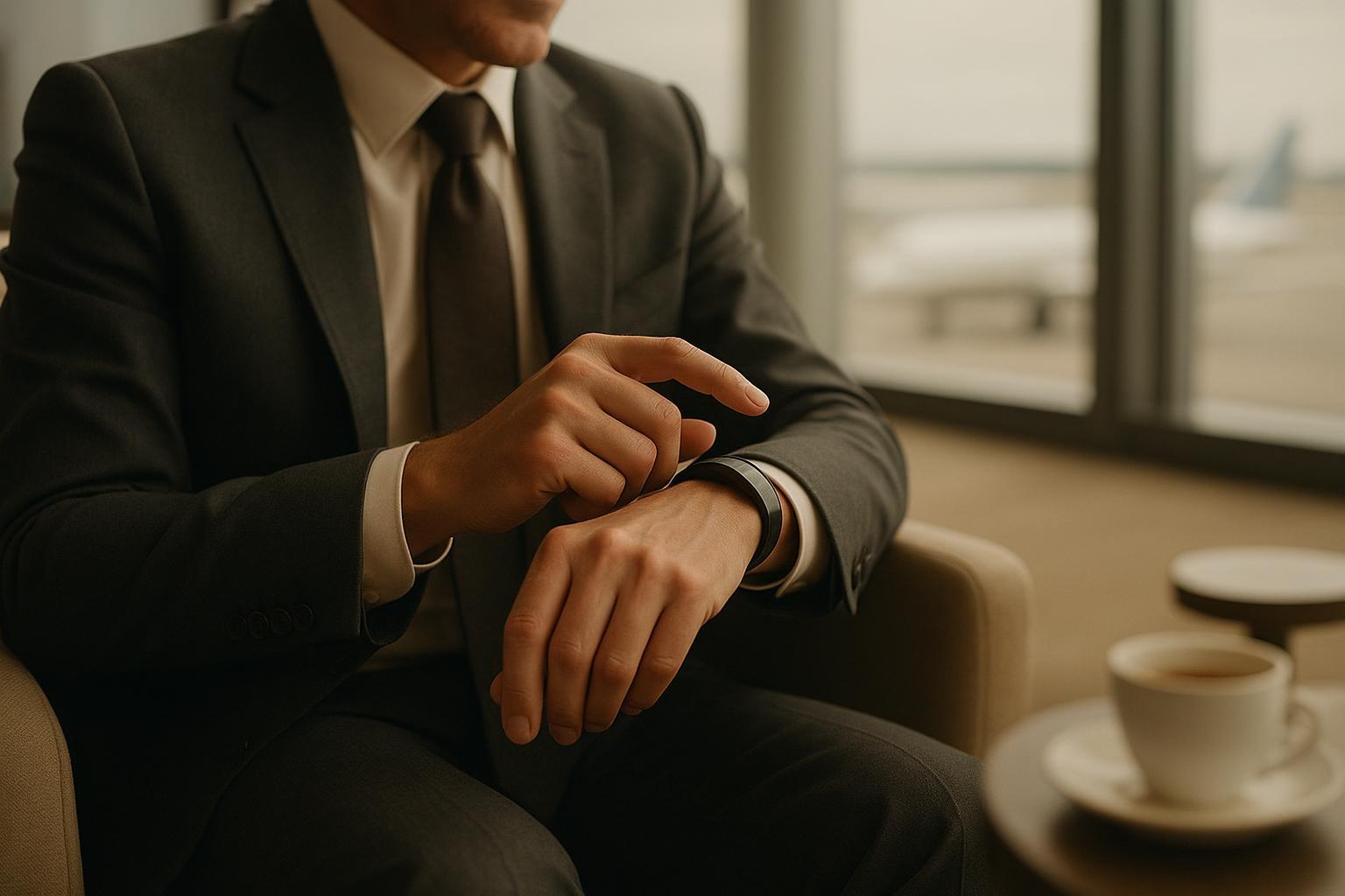 Executive discreetly confirming a transaction near a lounge gate using a premium wearable