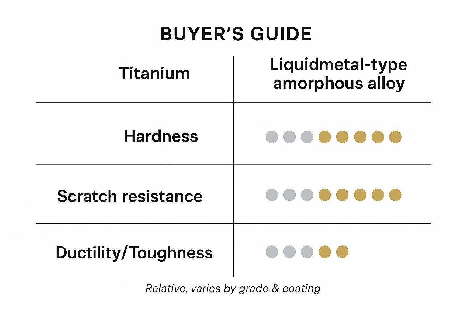 Infographic comparing titanium vs liquid metal smart ring durability across hardness, scratch resistance, and ductility/toughness