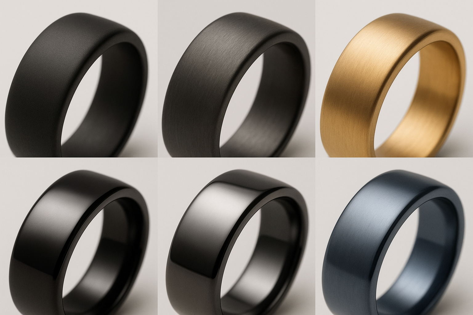 Close-ups of PVD and DLC finishes on titanium alongside glossy liquid metal surfaces in multiple hues