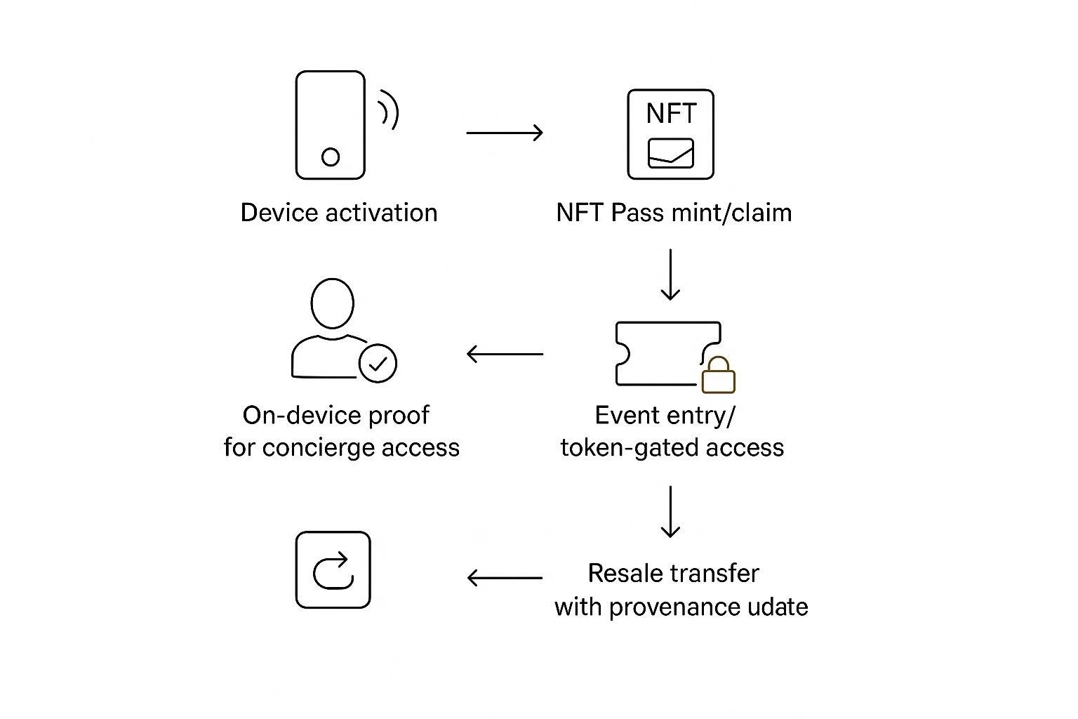 Infographic showing a stepwise journey from activation to NFT pass claim, token-gated concierge, event access, and resale provenance update