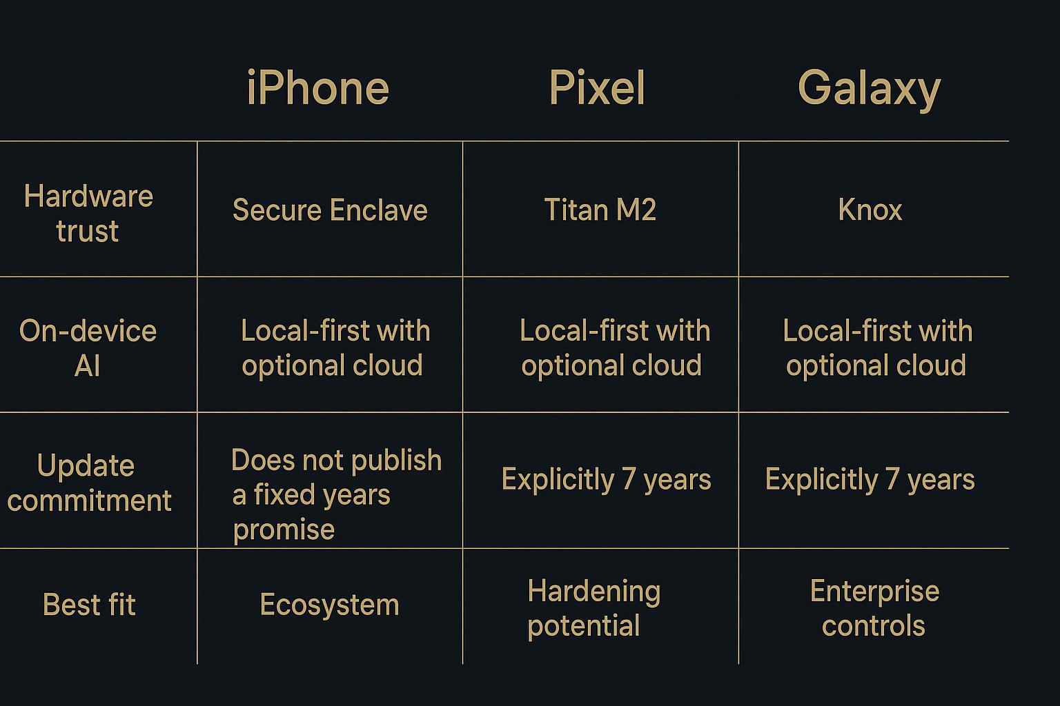 Infographic comparison chart of iPhone, Pixel, and Galaxy highlighting Secure Enclave/Titan M2/Knox-style hardware trust, on-device AI posture, and update horizon expectations.