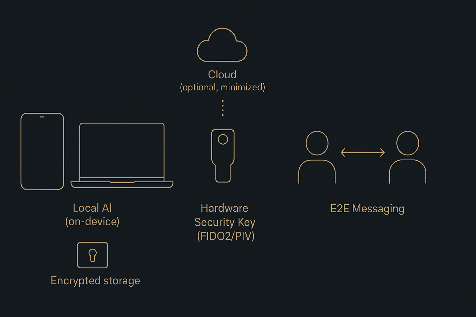 Architecture diagram showing local AI on device, hardware key authentication, and end-to-end encrypted messaging with minimal optional cloud exposure.