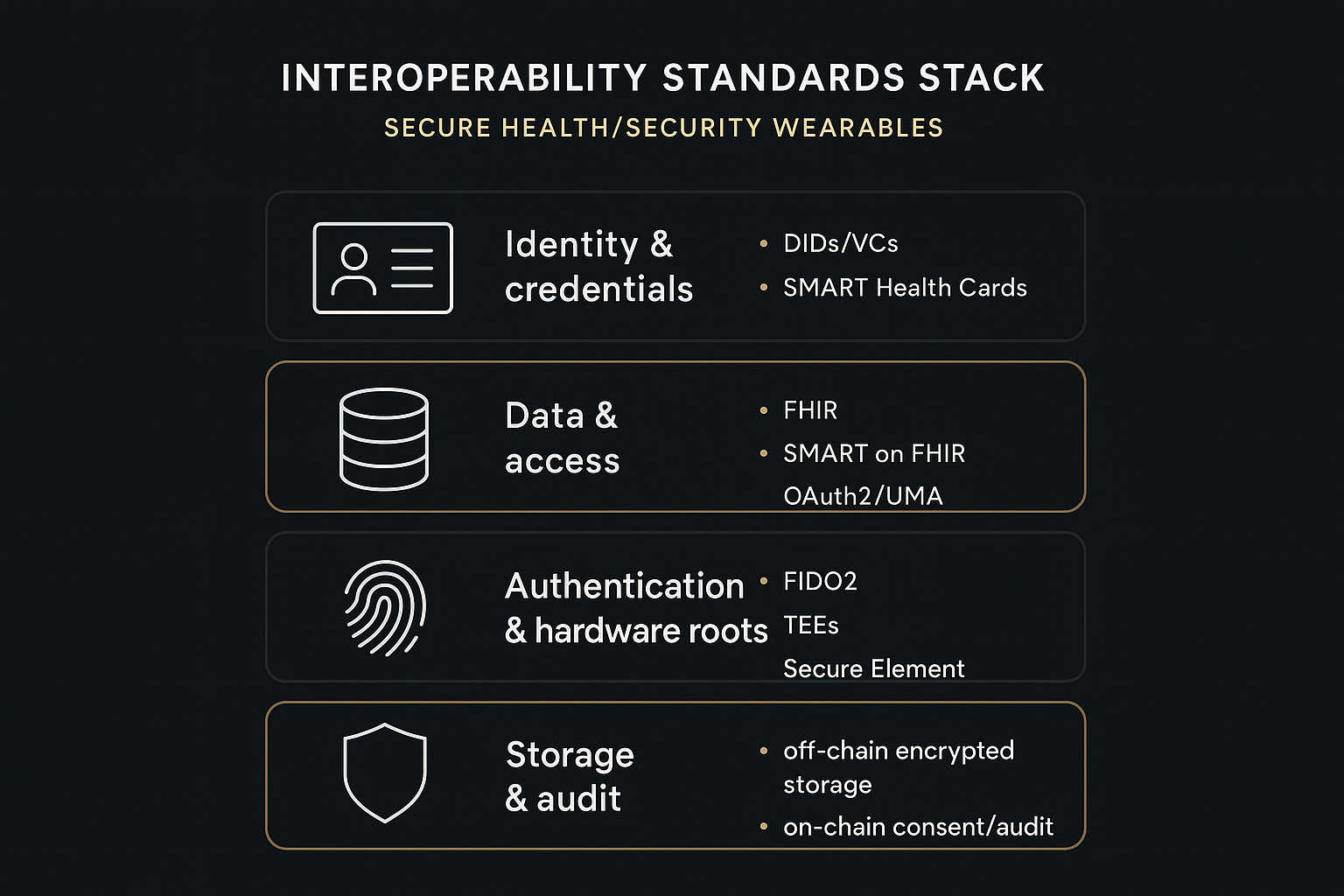 Interoperability infographic showing a standards stack for integrated Web3 health wearables: identity, data access, authentication/hardware roots, and storage/audit layers