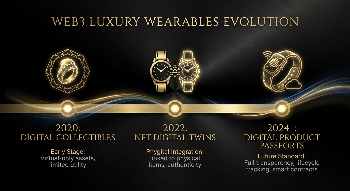 A timeline infographic showing the evolution from digital collectibles to digital product passports in luxury wearables