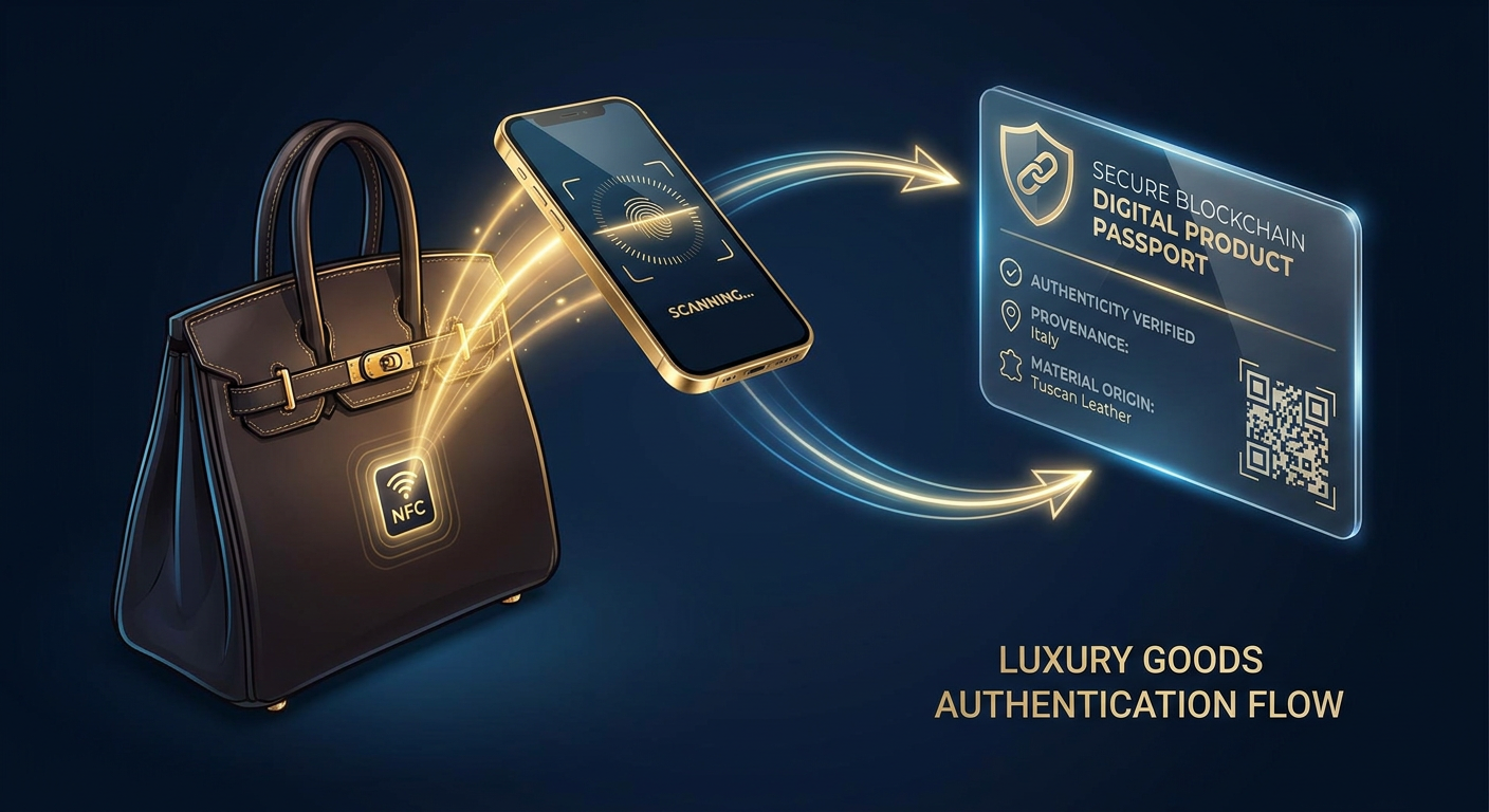 A step-by-step visual showing a physical luxury accessory being scanned by a phone and matched to its blockchain record