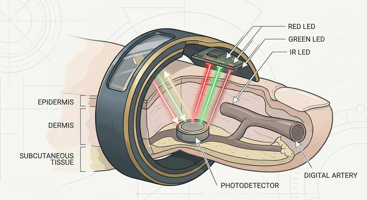 Anatomical cross-section showing PPG sensor technology in a smart ring with LEDs and photodetector measuring blood flow in the finger