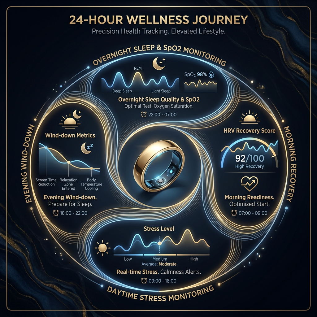 Lifestyle infographic showing a smart ring tracking sleep quality, heart rate variability, blood oxygen levels, and daily recovery scores throughout a 24-hour cycle