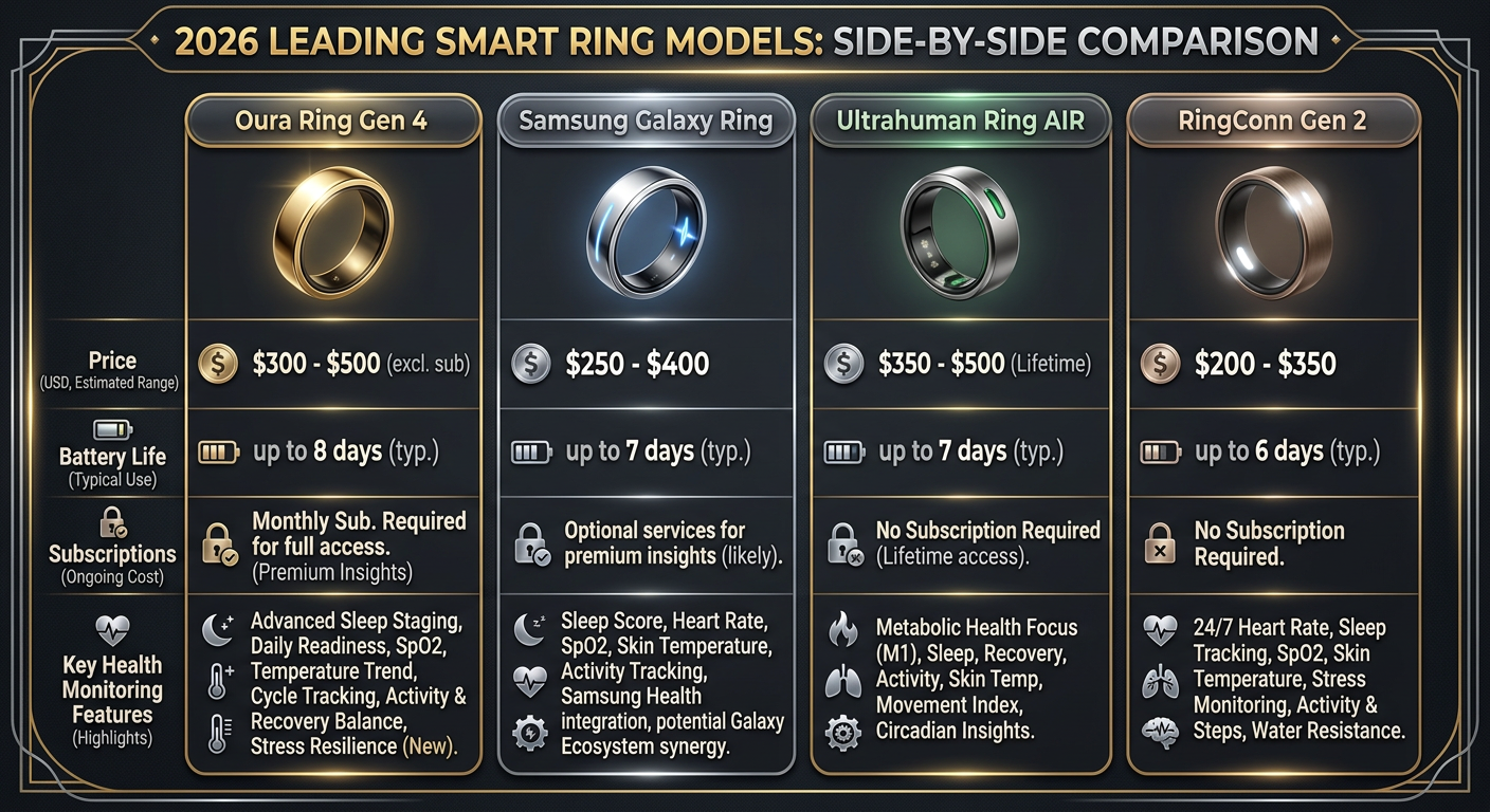 Comparison chart graphic of leading smart ring models in 2026 showing price, battery life, subscription costs, and key monitoring features