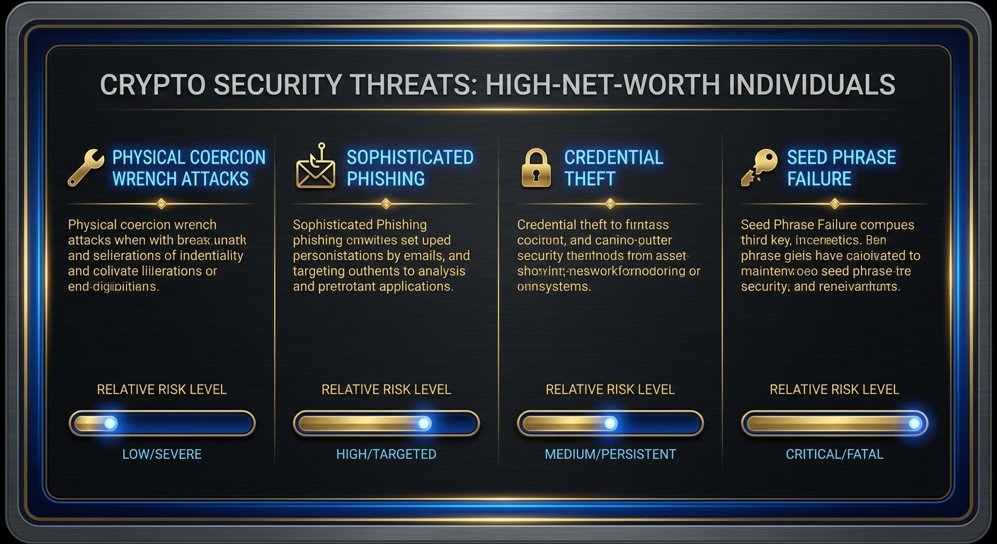 A visual comparison chart showing crypto security threats and relative risk levels for high-net-worth holders
