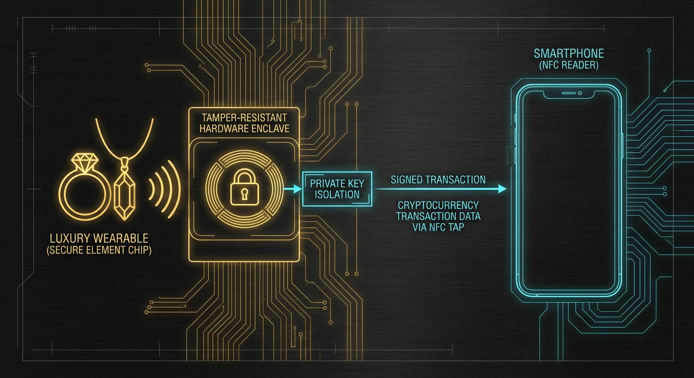 A labeled diagram showing how a secure element chip inside a wearable device signs a crypto transaction via NFC tap