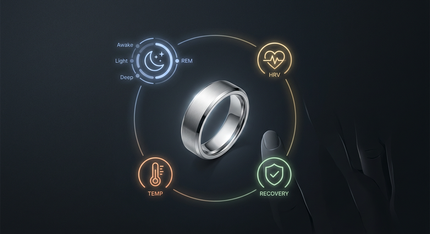 A clean infographic showing a ring on a finger with icons for sleep stages, HRV, skin temperature, and recovery scoring circling around it