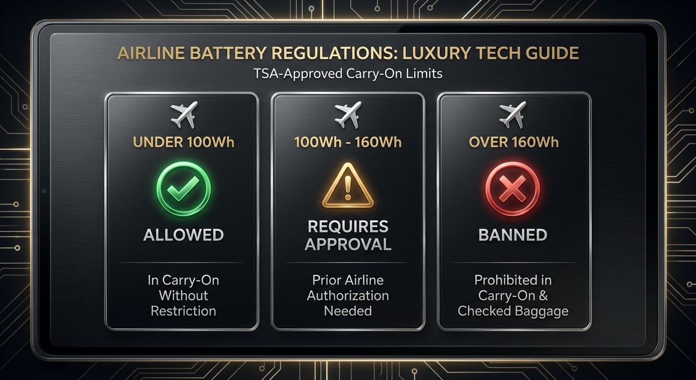 TSA airline battery rules chart comparing capacities under 100Wh to over 160Wh