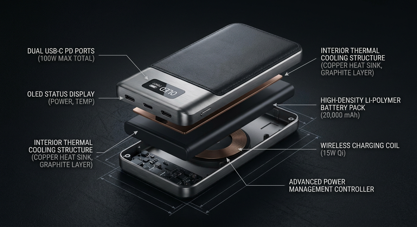 Product breakdown diagram of a luxury metal-clad power bank showing ports and thermal design
