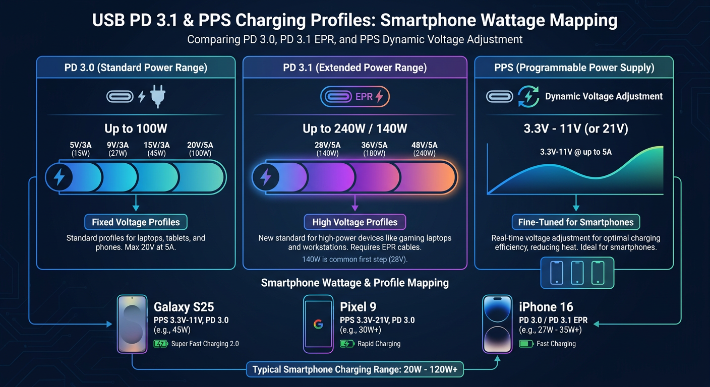 A simple chart mapping PD/PPS profiles to phone wattage