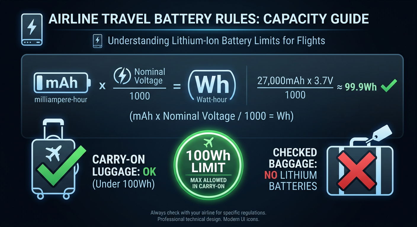 A clean infographic on mAh↔Wh, ≤100Wh limit, carry-on only