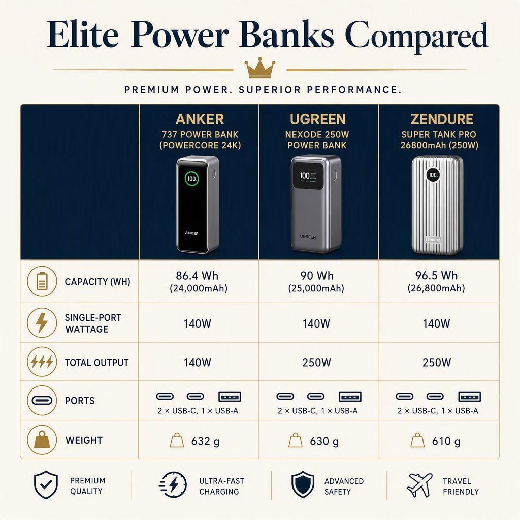 Side-by-side spec comparison of capacity (Wh), single-port wattage, total output, ports, and weight for premium power banks