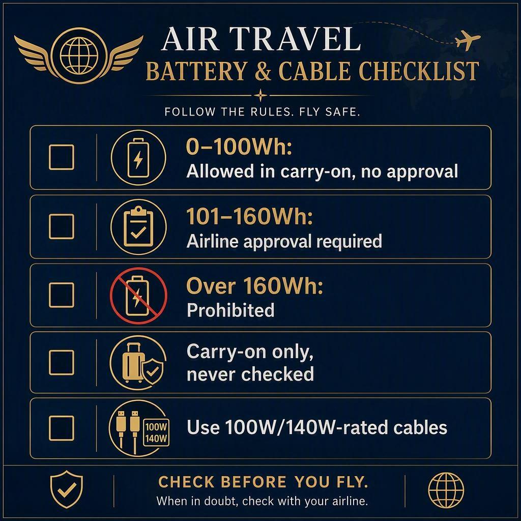 A regulatory checklist graphic showing FAA 0–100Wh, 101–160Wh approval, carry-on only, and cable ratings