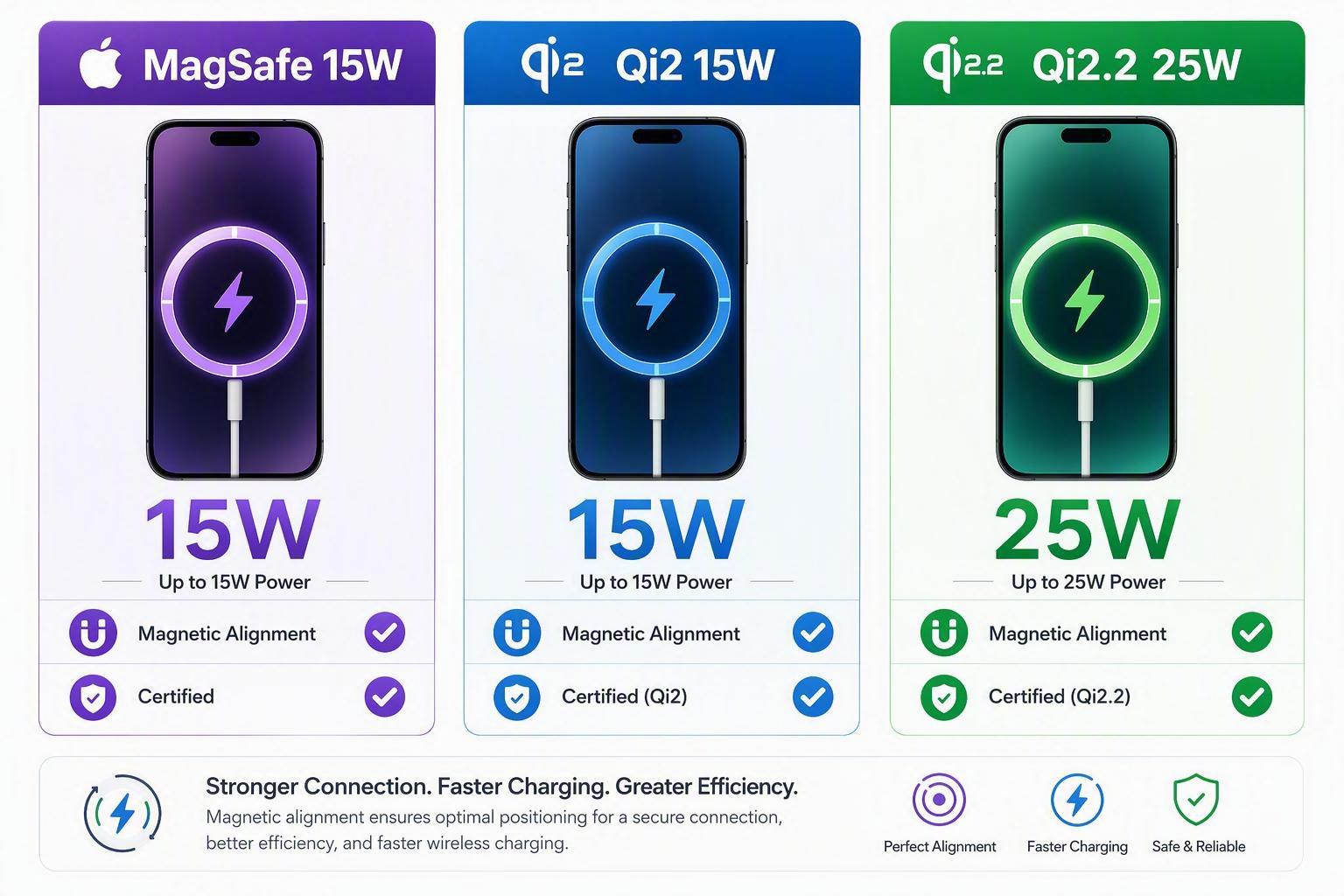Explanatory infographic comparing MagSafe 15W, Qi2 15W, and Qi2.2 25W with magnetic alignment
