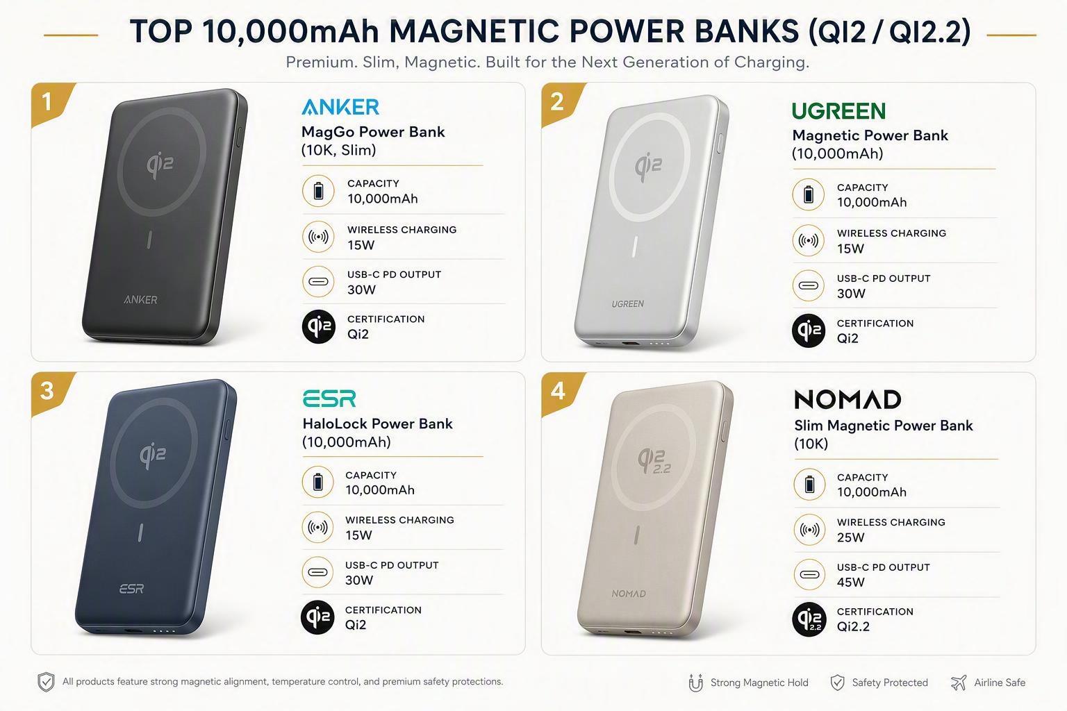 Product comparison grid of leading 10,000mAh Qi2/Qi2.2 magnetic power banks with key specs