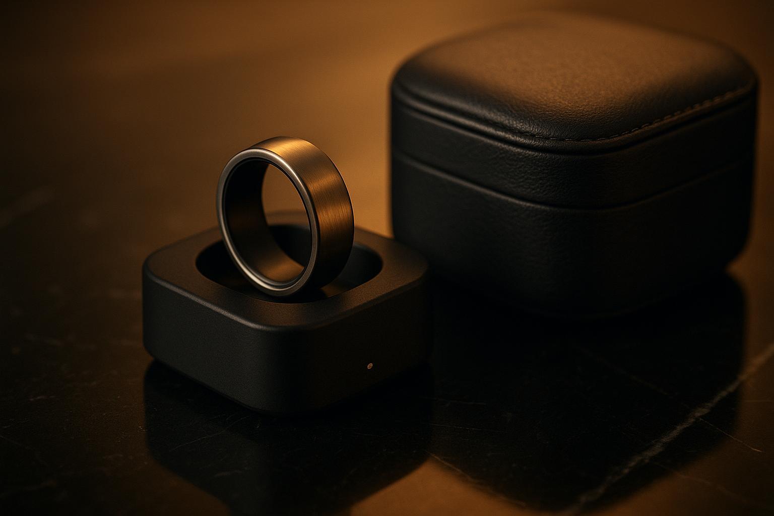 the charging cradle on a hotel desk with the ring seated and the alignment point marked