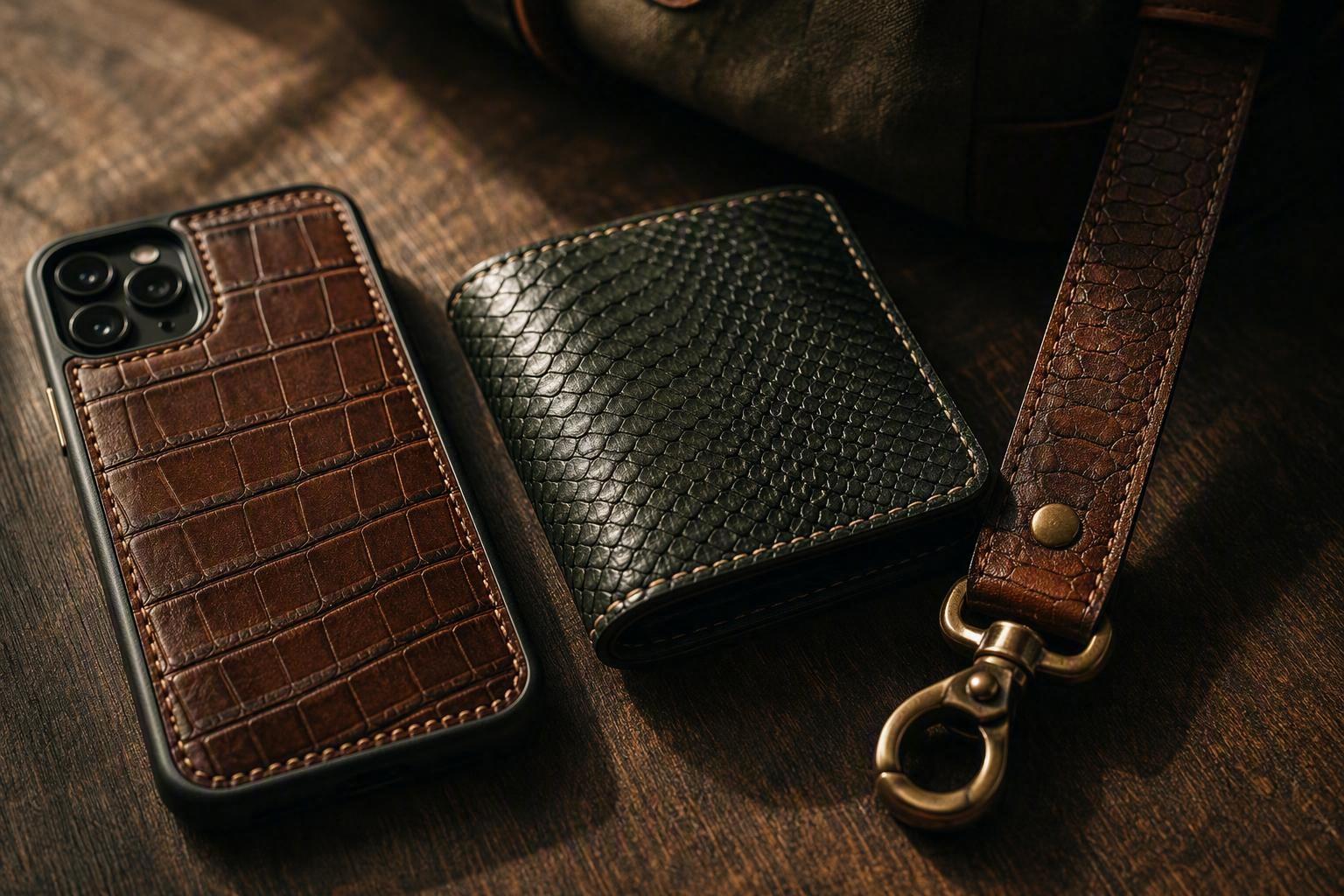 a wallet, a bag strap and a phone laid out side by side on a neutral surface, showing grain and hardware tone together