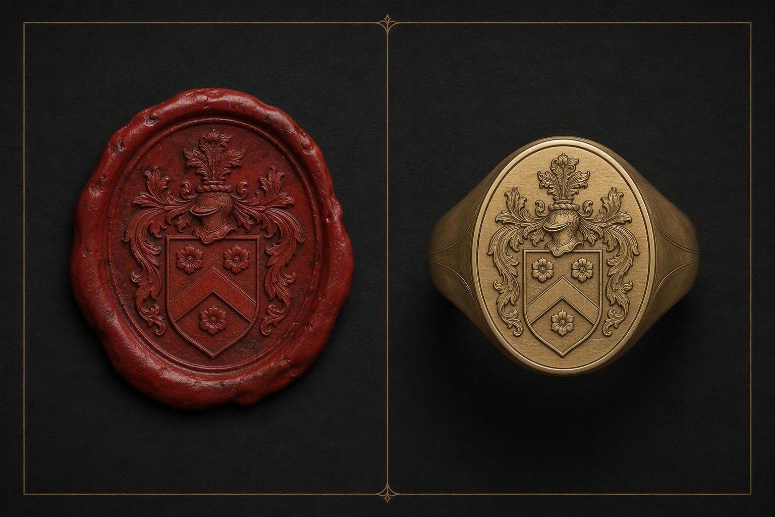 a historic wax seal impression beside a modern signet ring face, both shown at the same scale