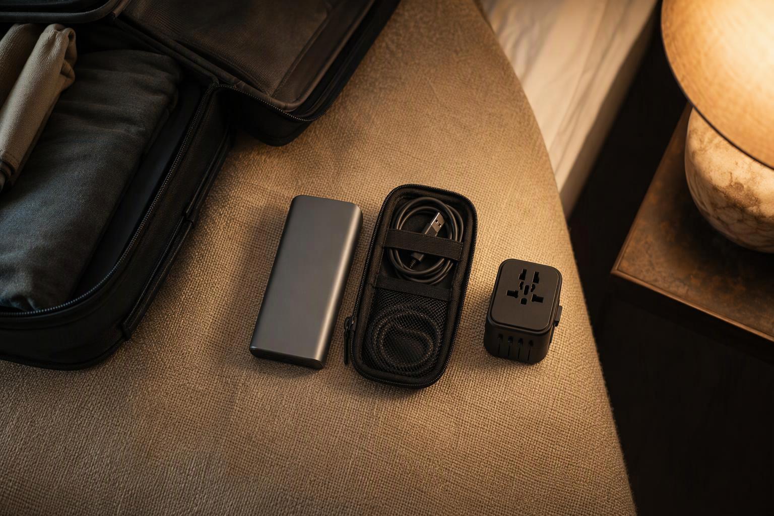 a carry-on bag open on a hotel bed with a power bank, cable pouch and plug adapter laid out in a row