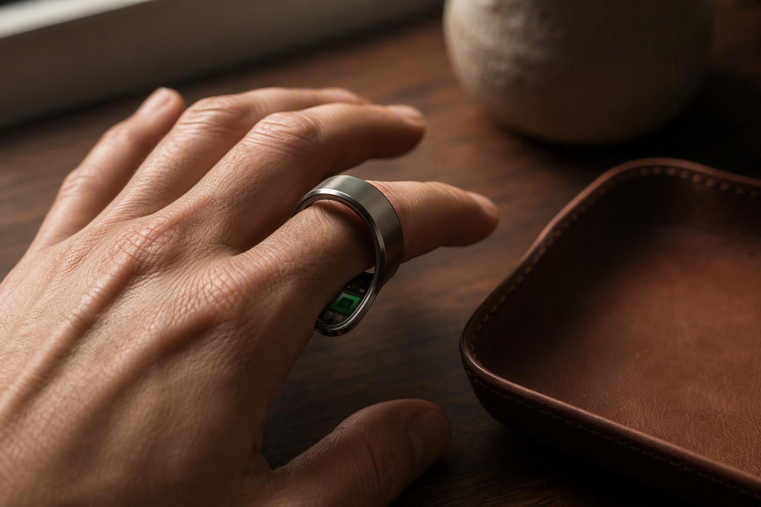 a screen-free ring worn on an index finger, shown at an angle that makes the sensor contact patch on the inner surface visible