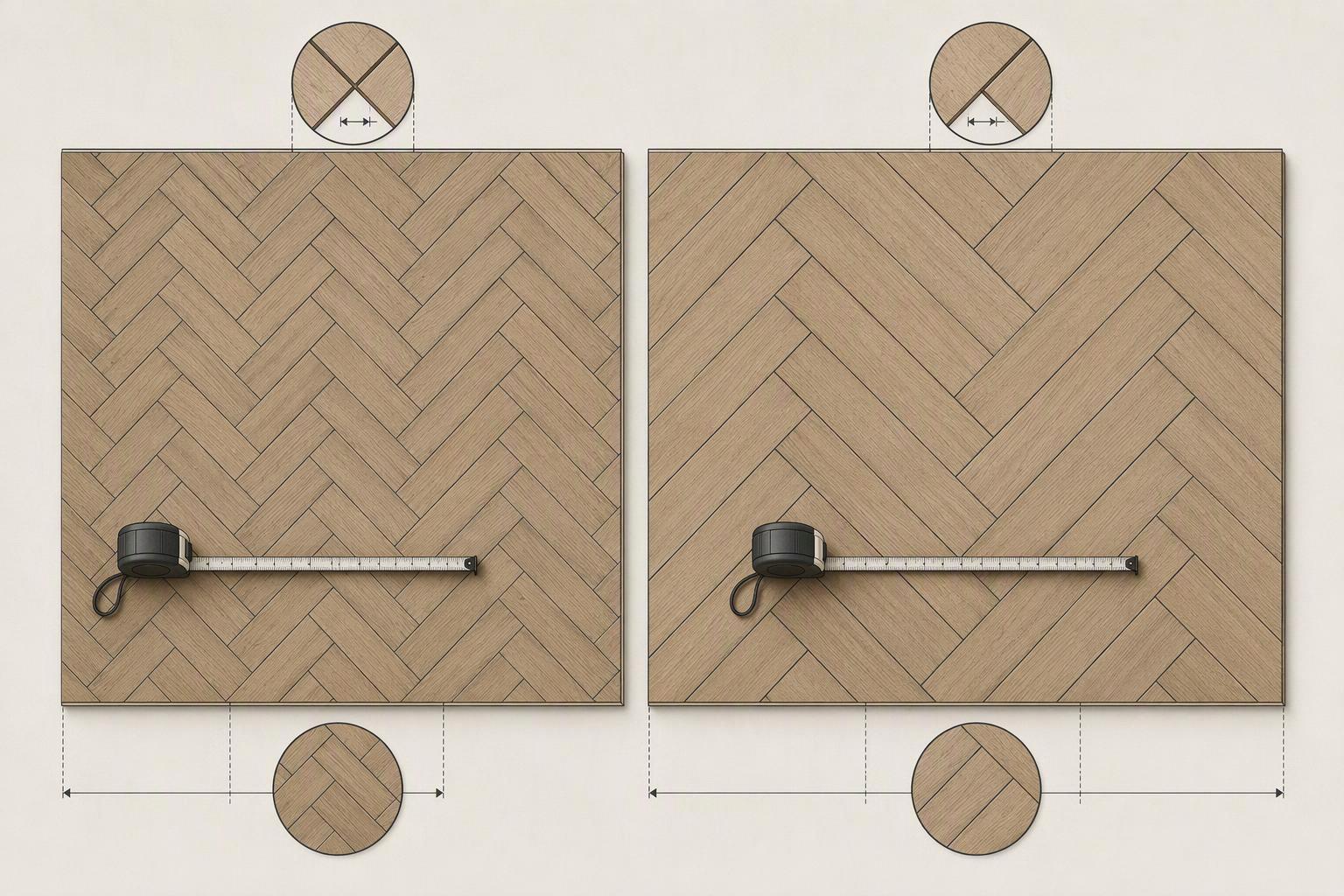 two herringbone layouts drawn to the same scale, one in 600 mm planks and one in 1.5 m planks, with the joint spacing and