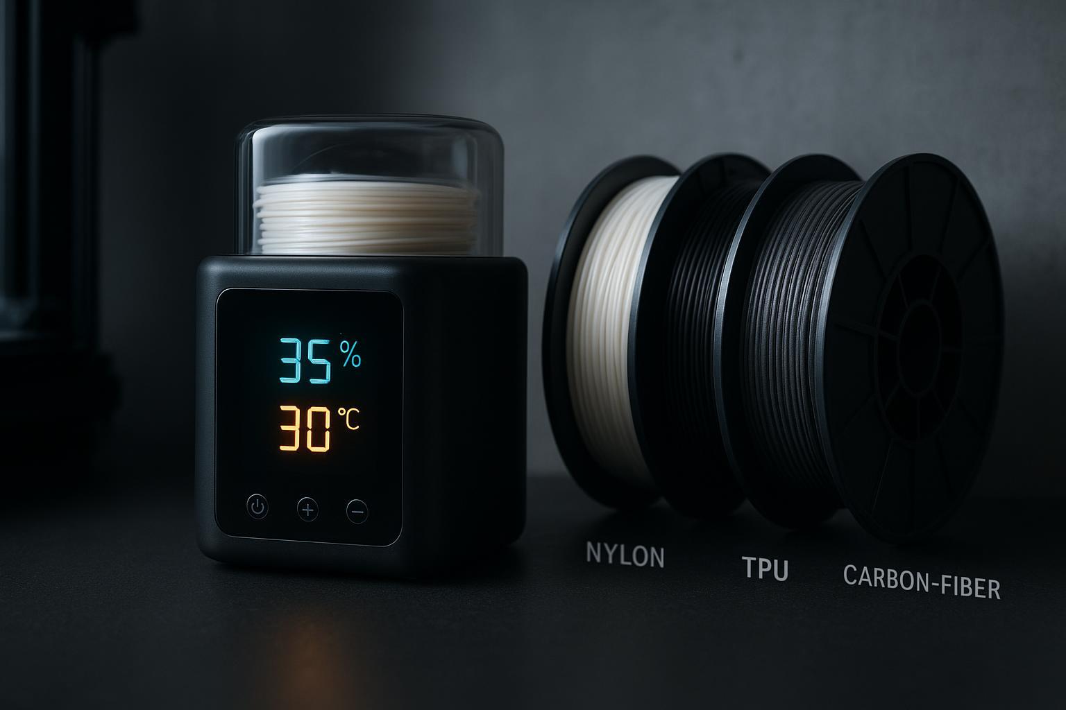 Filament dryer on a clean 3D printing workbench with spools of nylon, TPU, and PA-CF; temperature and humidity display visible.