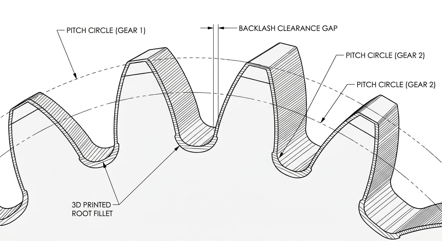 Diagram showing 3D printed spur gear tooth geometry including pitch circle, root fillet, and backlash clearance gap