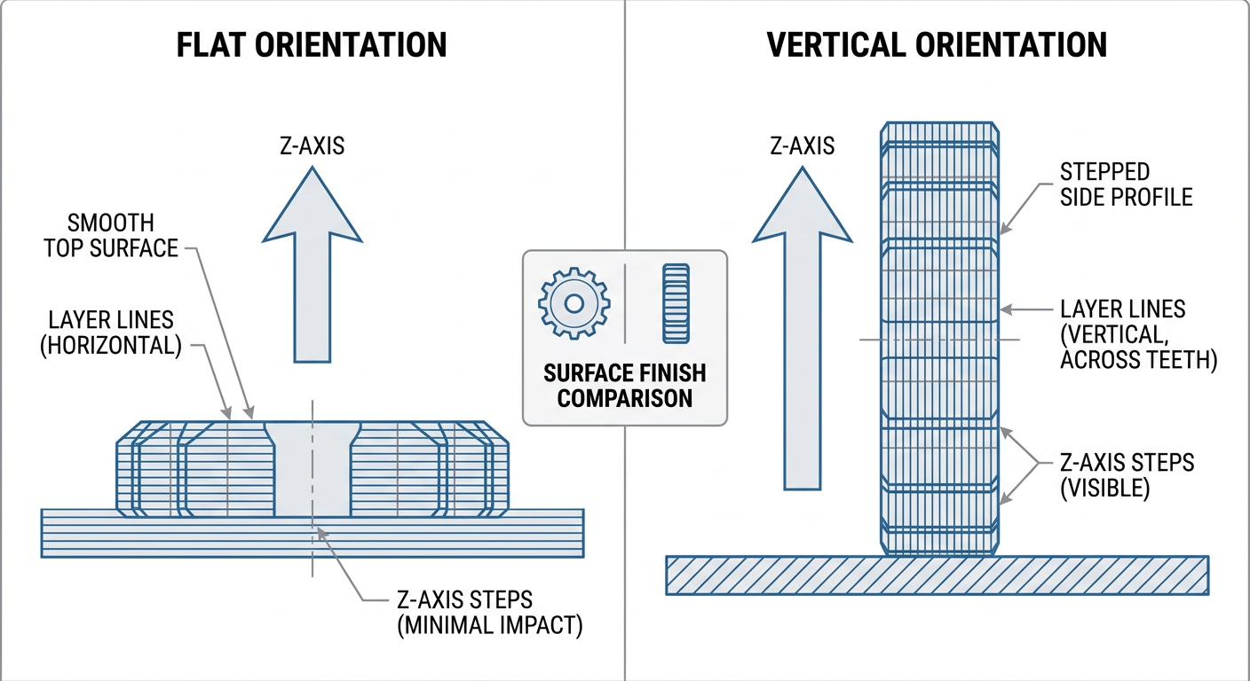 Illustration comparing flat vs vertical 3D print orientation for spur gears showing layer lines and surface finish
