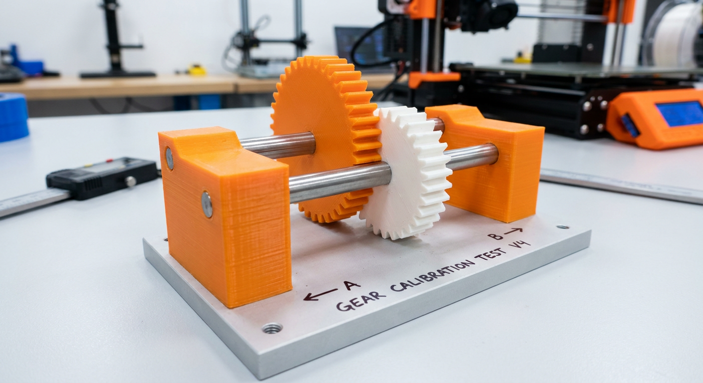 3D printed test calibration block with two meshing test spur gears on fixed pins
