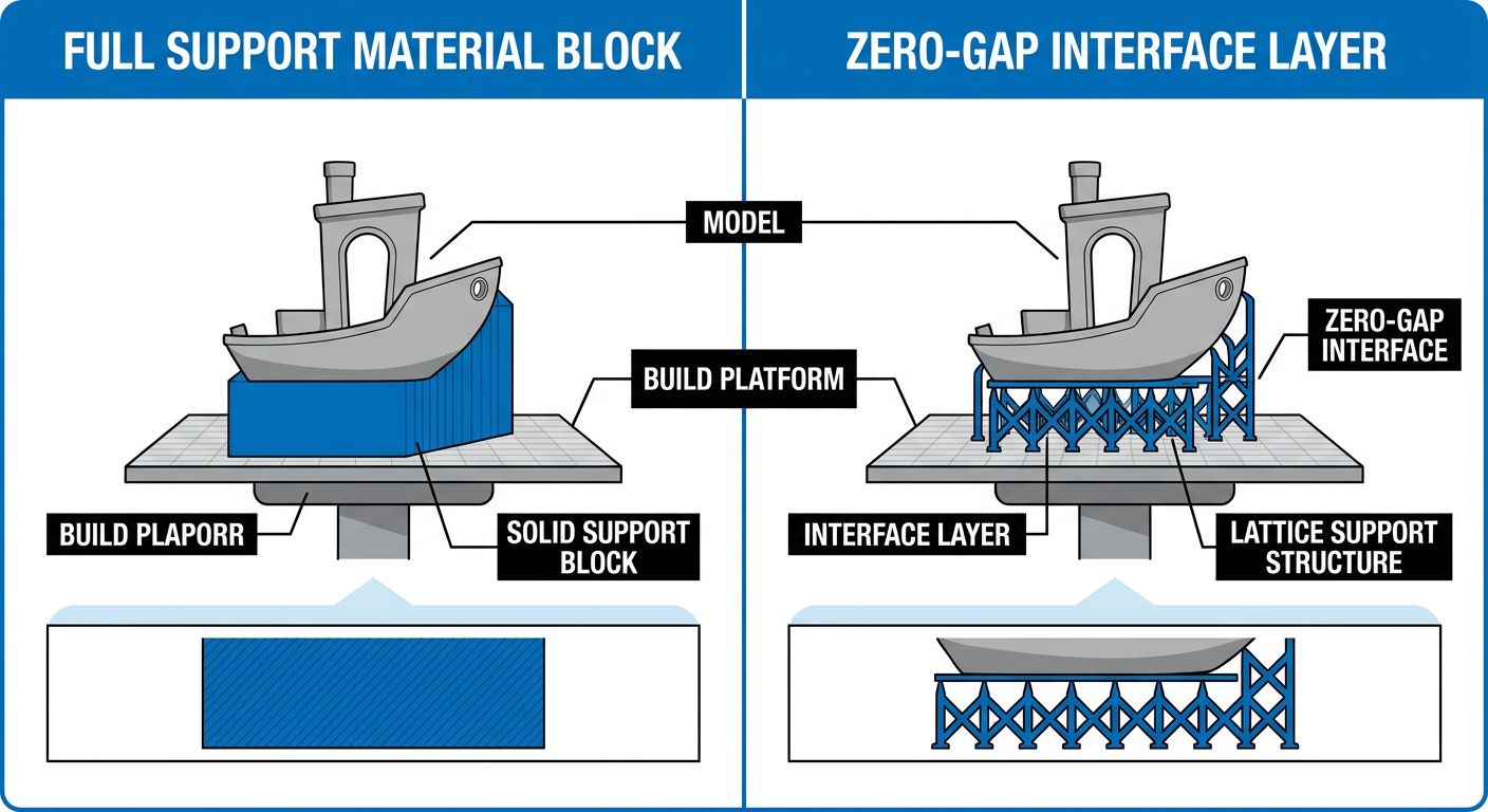 3D printing support materials comparison showing interface layer versus full support block