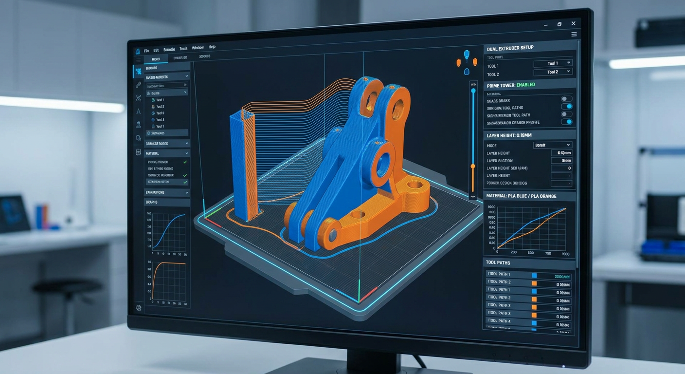 Slicer preview showing toolhead assignment prime tower and multi-material tool paths