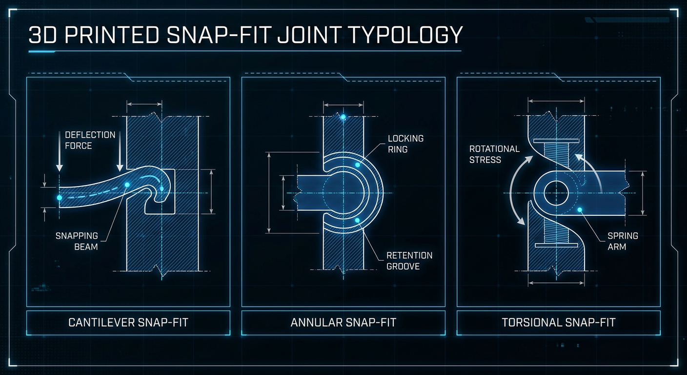 Diagram illustrating cantilever, annular, and torsional 3D printed snap-fit joint types