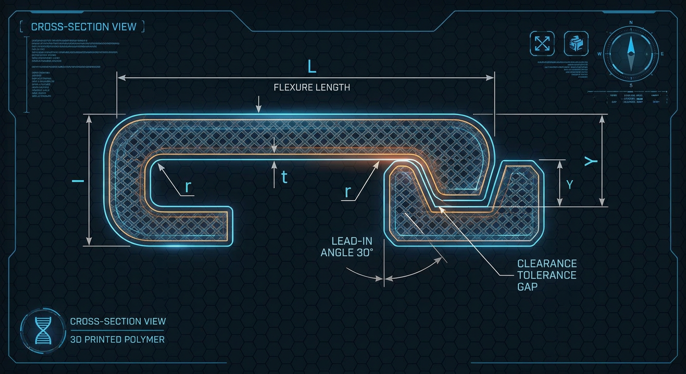 Technical cross-section diagram showing cantilever arm length, thickness, root fillet radius, engagement depth, and clearance
