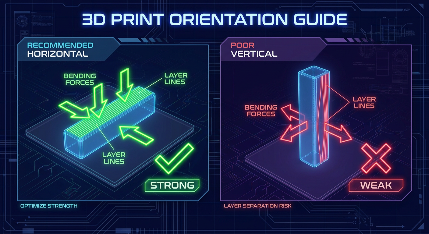 Comparison diagram showing recommended in-plane print orientation versus poor vertical print orientation causing layer delamination