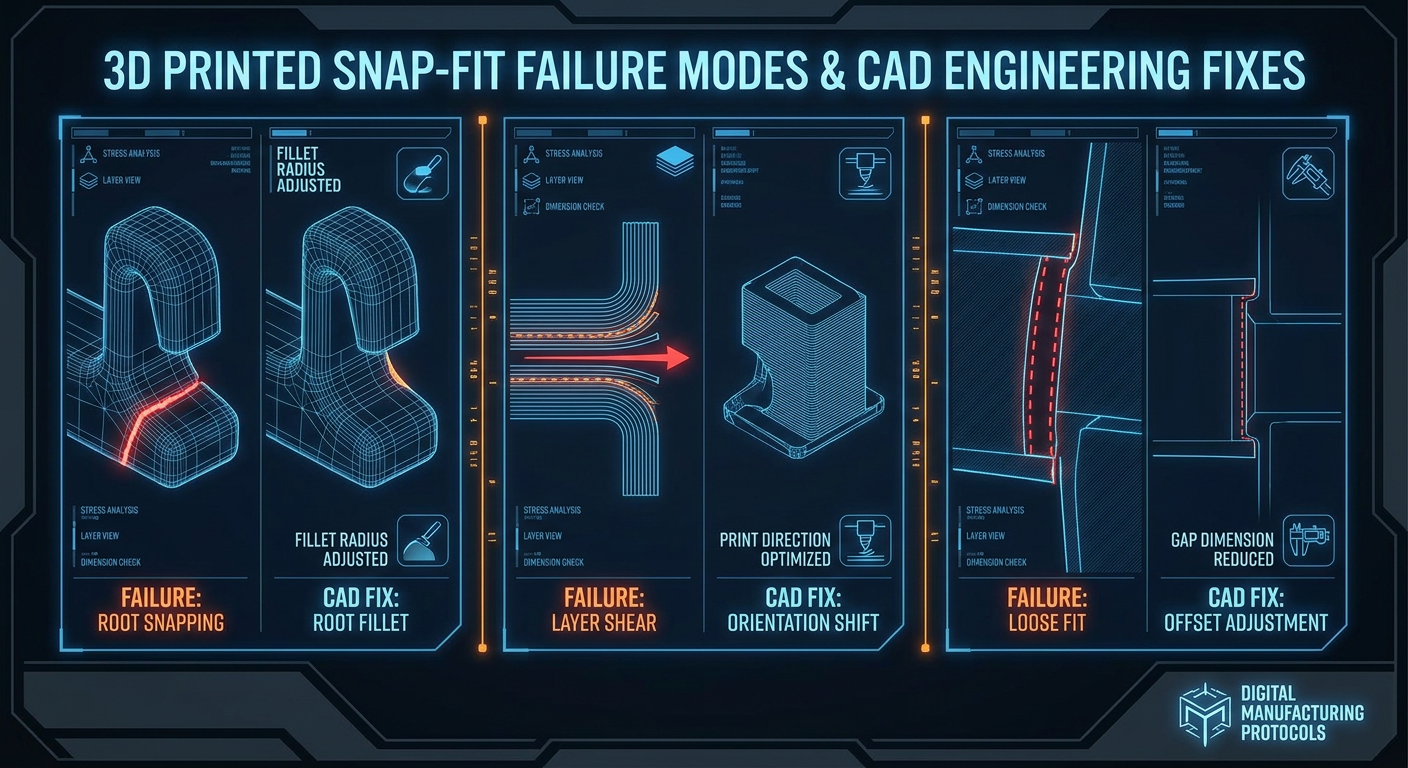 Technical troubleshooting diagram mapping 3D printed snap-fit failure modes to CAD engineering solutions