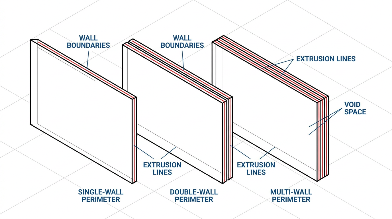 Technical illustration showing single-wall, double-wall, and multi-wall perimeter structures in 3D printing