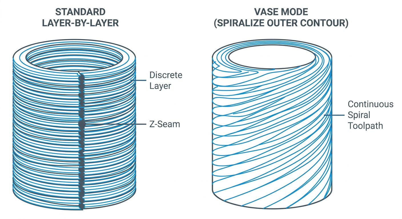 Comparison of toolpaths between standard layer-by-layer printing and continuous spiral Vase Mode