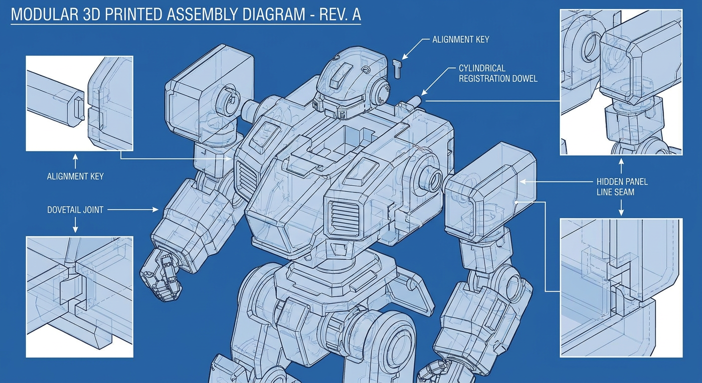 3D printing multi-part assembly diagram with alignment keys and registration pins