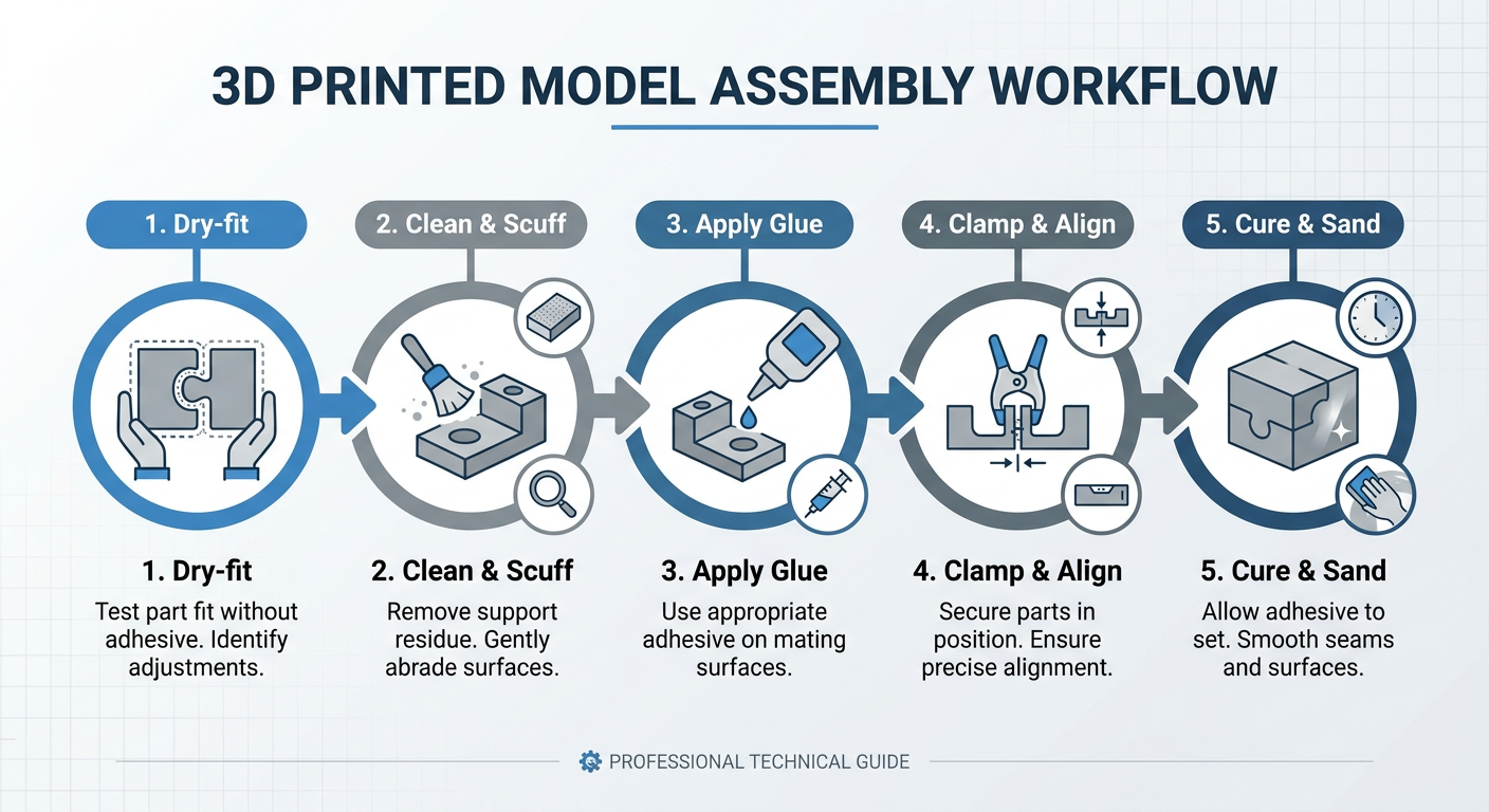 5-step assembly workflow diagram for multi-part 3D prints