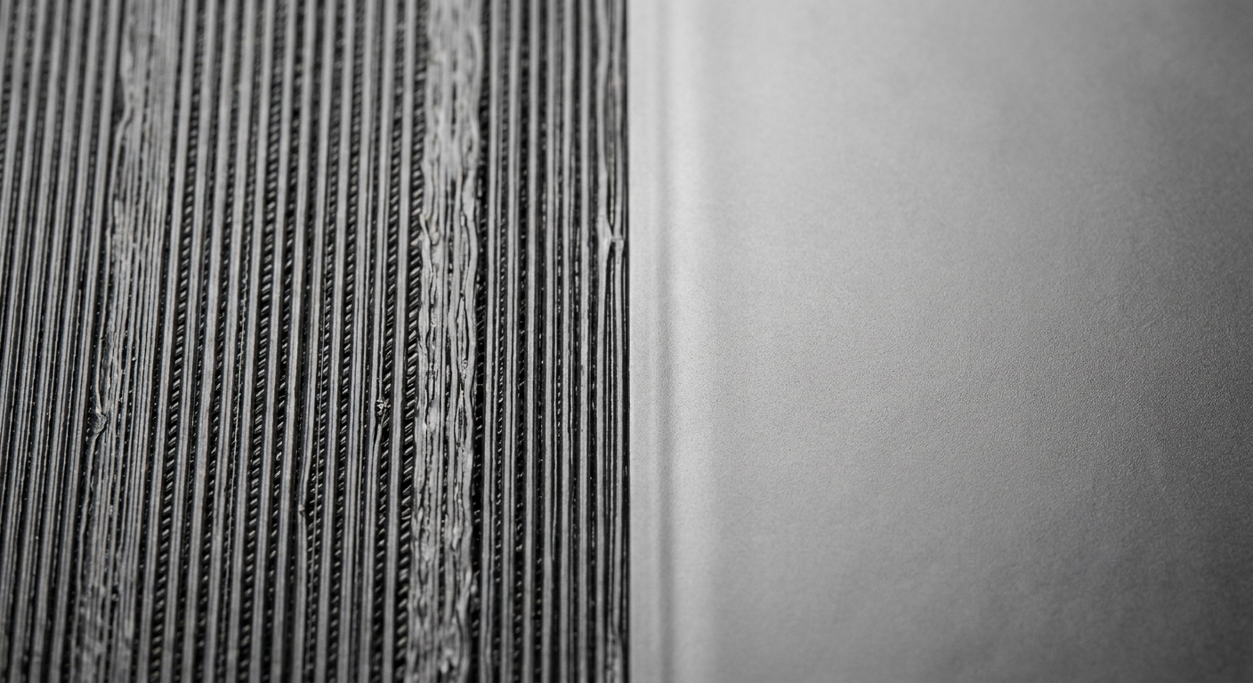 Side-by-side macro comparison of raw FDM top layer versus ironed top surface